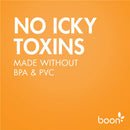 No icky toxins, made without BPA & PVC, Boon logo on an orange background.