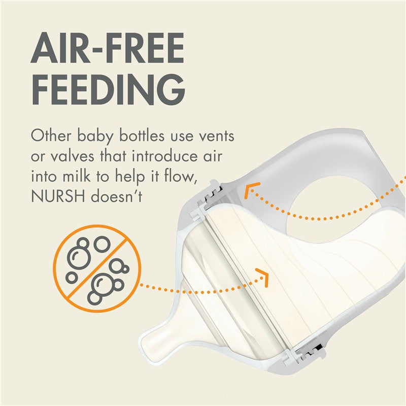 Boon NURSH silicone baby bottle diagram highlighting air-free feeding design and features, with no air valve illustration.