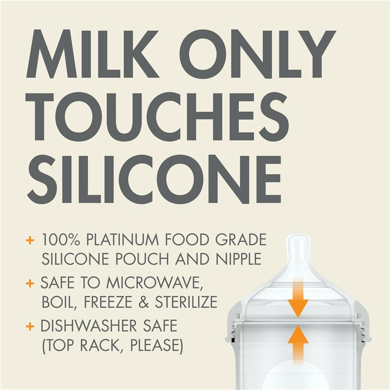 Boon NURSH Silicone Baby Bottles in gray, featuring 4 oz capacity, highlighting safe materials and cleaning instructions.