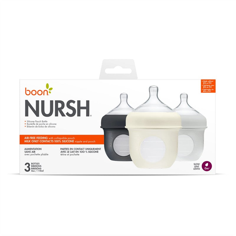 Boon NURSH Silicone Baby Bottles 3-Pack in gray, black, and white, featuring collapsible silicone pouches and no air intake.