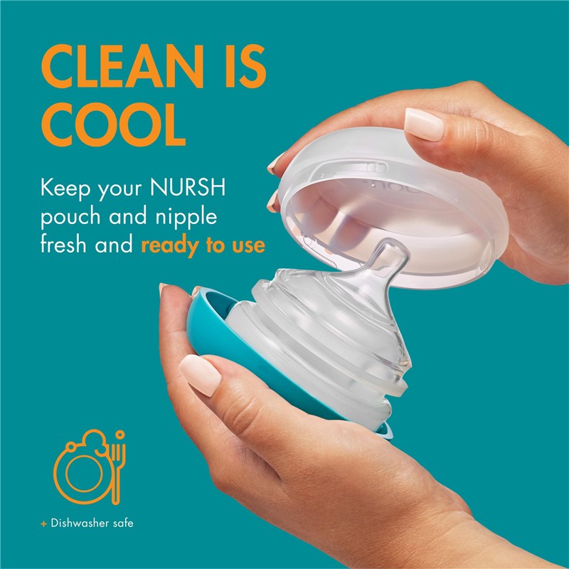 Hands holding a Boon NURSH Storage Buns pack, showcasing a clear pouch and nipple, with text promoting cleanliness.