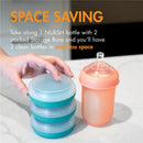 Boon NURSH Storage Buns 3-Pack stacked next to a NURSH bottle, showcasing space-saving features for clean bottle storage.