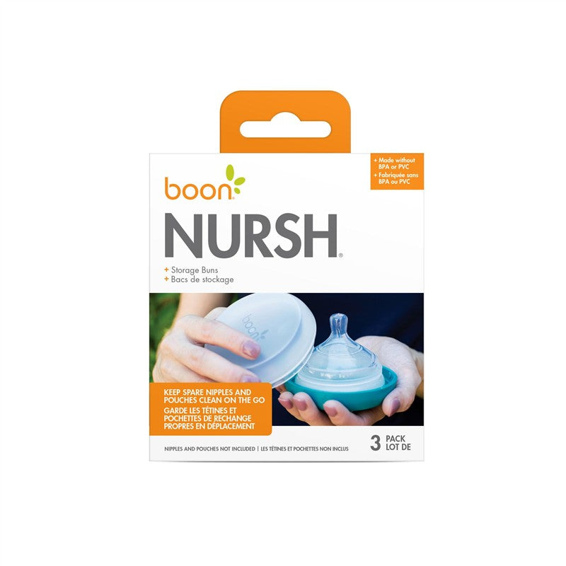 Boon NURSH Storage Buns 3-Pack packaging with a hand holding a storage bun; BPA and PVC free. Text emphasizes keeping nipples clean.