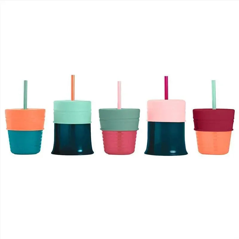 Boon Snug Straw Lids and Cups in various colors, featuring silicone straws and stackable designs.