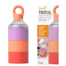 Boon Triful Baby Formula Dispenser in pink, featuring three stackable sections for portable formula storage and an ergonomic handle.