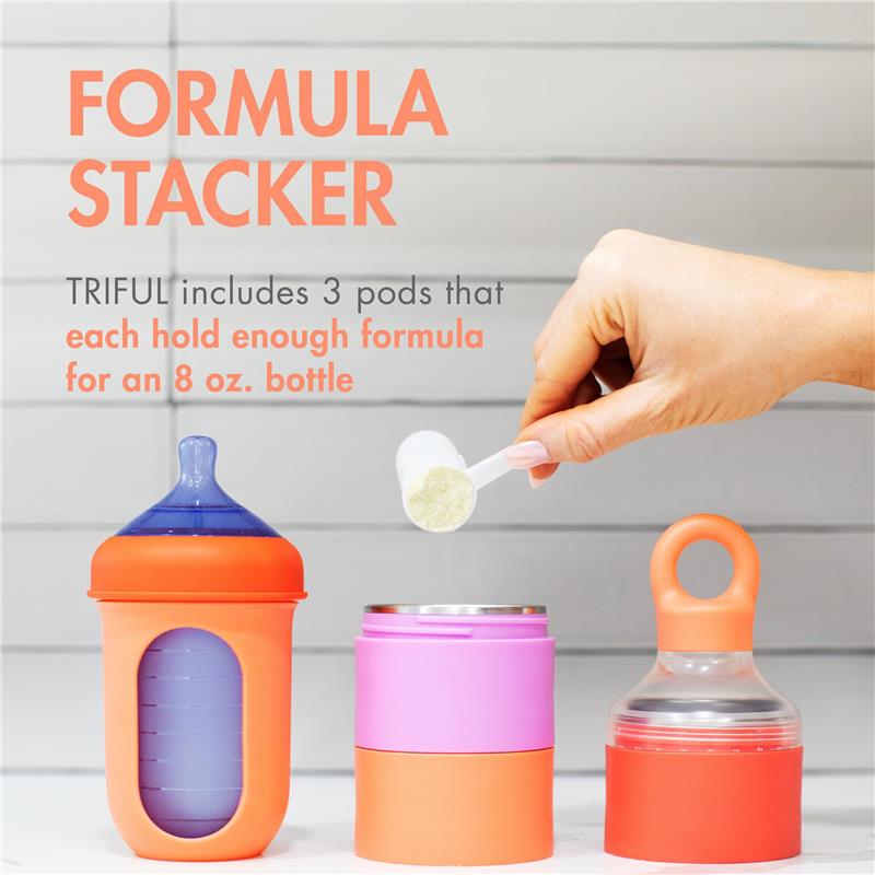 Boon Triful Baby Formula Dispenser in pink, featuring three pods, each holding formula for an 8 oz. bottle.