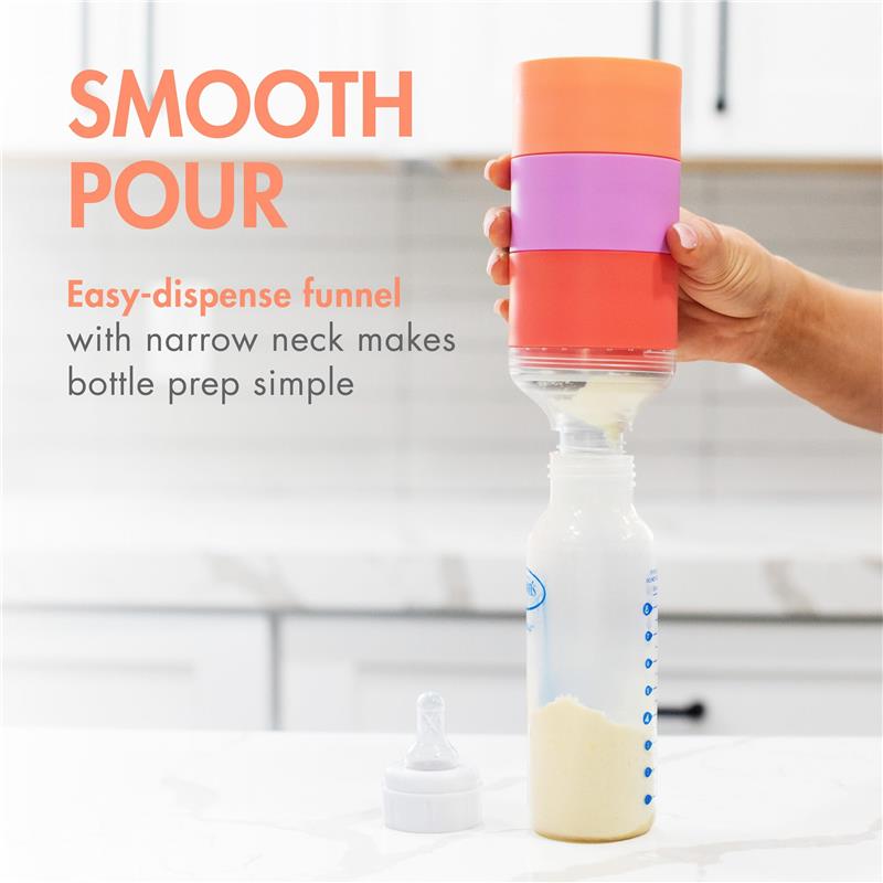 Boon Triful Baby Formula Dispenser in pink, features easy-dispense funnel and a bottle with formula for simple preparation.