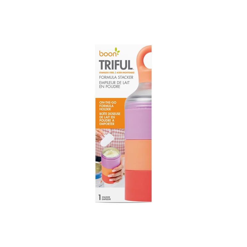 Boon Triful Baby Formula Dispenser in pink, with three stackable containers and a handle for easy carrying.