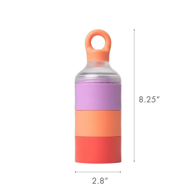 Boon Triful Baby Formula Dispenser in pink, featuring three stackable sections for easy on-the-go feeding.