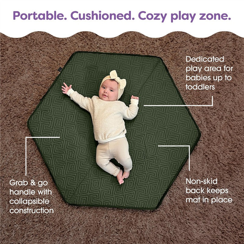 Boppy Foam Play Mat in Moss-Maze Green with non-skid backing, featuring a baby lying on it and text highlighting its portability and safety.