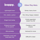 Boppy Foam Play Mat comparison chart highlighting lightweight foam, easy setup, portable design, and washable cover advantages.