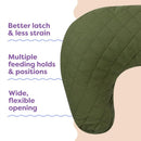 Boppy Nursing Pillow Luxe in Moss Quilted with text highlighting better latch, multiple feeding positions, and a flexible opening.