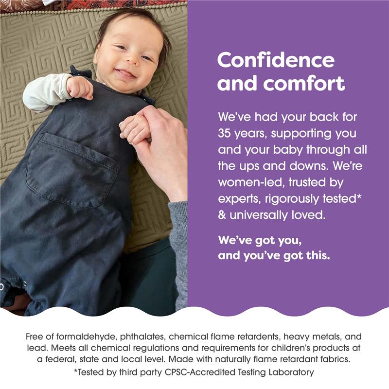 A baby lying on a tan foam play mat, smiling, while a hand plays with their hand. Text highlights comfort and safety features.