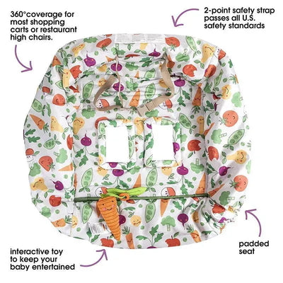 Boppy Shopping Cart & High Chair Cover features colorful fruit and vegetable patterns, a padded seat, and a 2-point safety strap.