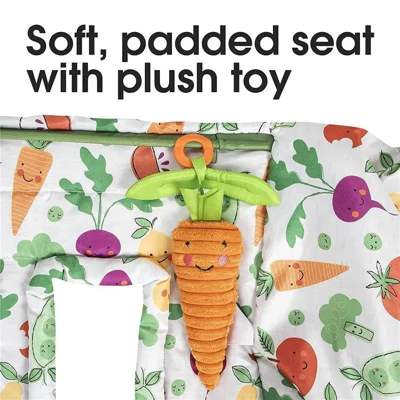 Soft, padded high chair cover featuring a plush carrot toy and colorful vegetable patterns.