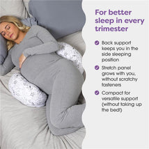 Side-sleeper support pillow in gray with falling leaves, aiding pregnant sleepers with back support and comfort.