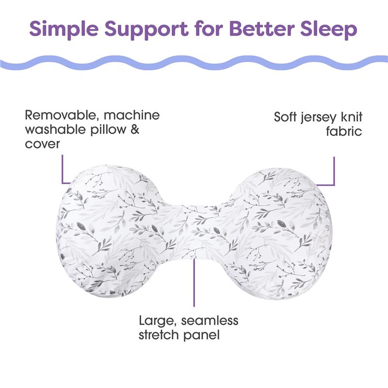 Boppy side sleeper pillow in gray with falling leaves design, featuring removable cover and large seamless stretch panel.