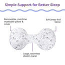 Boppy side sleeper pillow in gray with falling leaves design, featuring removable cover and large seamless stretch panel.