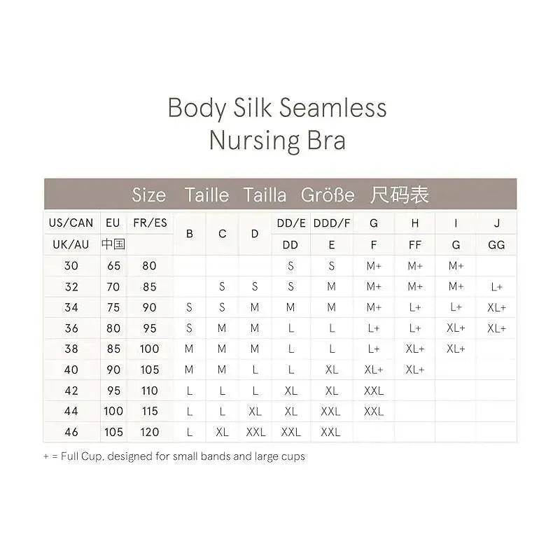 Size chart for the Bravado Body Silk Seamless Nursing Bra, showing various bra sizes and their equivalents in different regions.