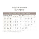 Size chart for the Bravado Body Silk Seamless Nursing Bra, showing various bra sizes and their equivalents in different regions.