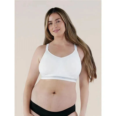 Bravado Original Full Cup Nursing Bra in white, size XL, worn by a woman with long hair, offering full coverage and nursing functionality.