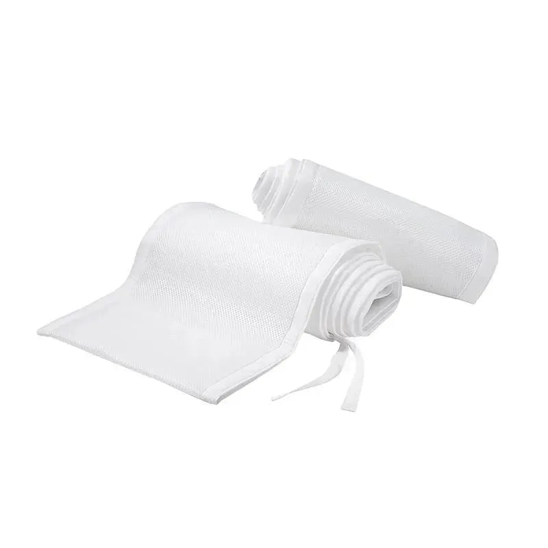 Classic Breathable Mesh Crib Liner in white, featuring rolled edges and ties for secure attachment to crib rails.
