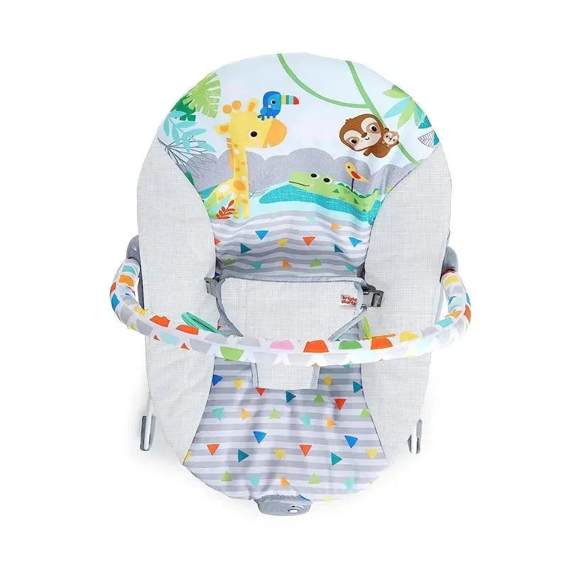 Bright Starts Baby Bouncer features a colorful, animal-themed seat with soothing vibrations and safety harness.