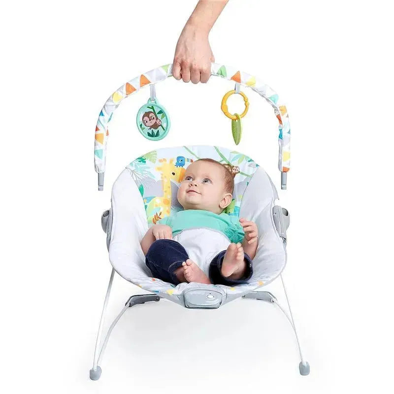 Bright Starts Baby Bouncer with soothing vibrations, featuring an infant seat, toys, and a smiling baby.