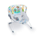 Bright Starts Baby Bouncer features soothing vibrations, a colorful seat with sloth designs, and a toy bar with a green handle.