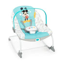 Mickey Mouse-themed infant to toddler rocker in light blue, featuring a safety harness and playful designs.