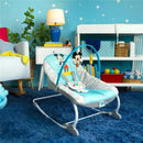 Mickey Mouse-themed infant-to-toddler rocker with a blue and white cushioned seat, plush toys, in a colorful nursery setting.