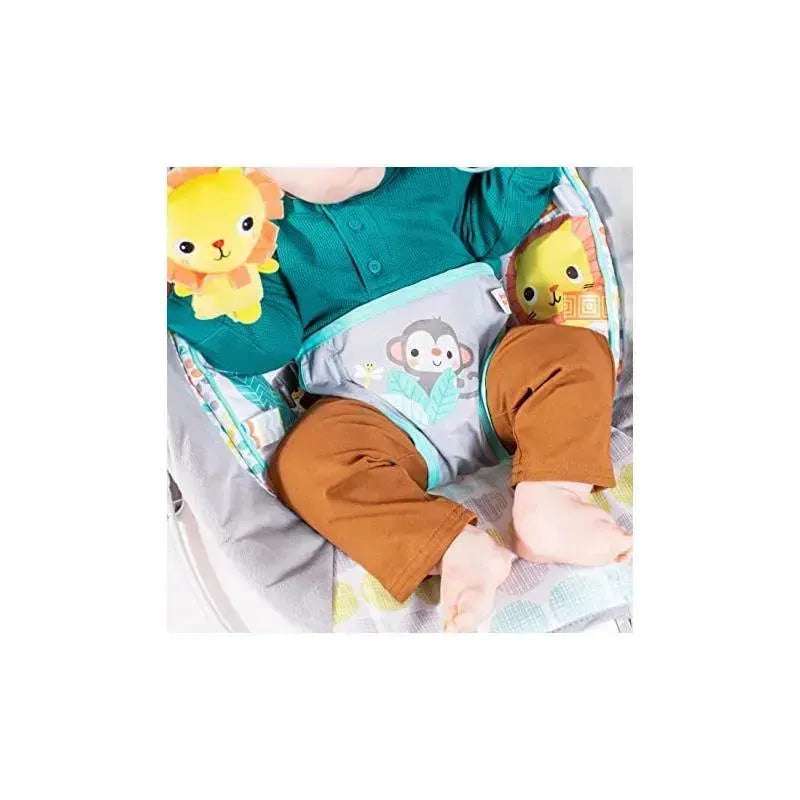 Bright Starts Whimsical Wild Cradling Bouncer with soft plush toys and a baby wearing a teal shirt and brown pants.