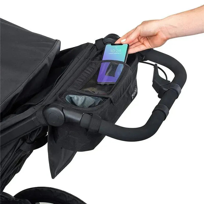 Black stroller organizer with phone pocket, perfect for baby strollers and on-the-go moms