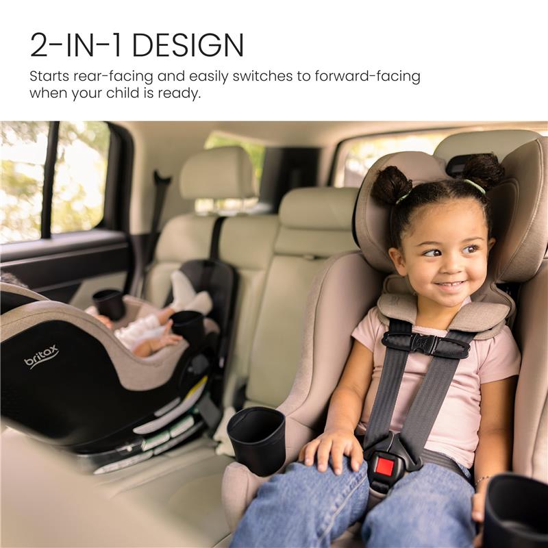 Britax Galaxy360 Slim Rotating Convertible Car Seat installed in a car; features a 2-in-1 design for rear and forward-facing and two cup holders.