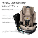 Britax Galaxy360 Slim Rotating Convertible Car Seat in Teak with safety features labeled, including protective foam, 5-point harness, and integrated steel frame.