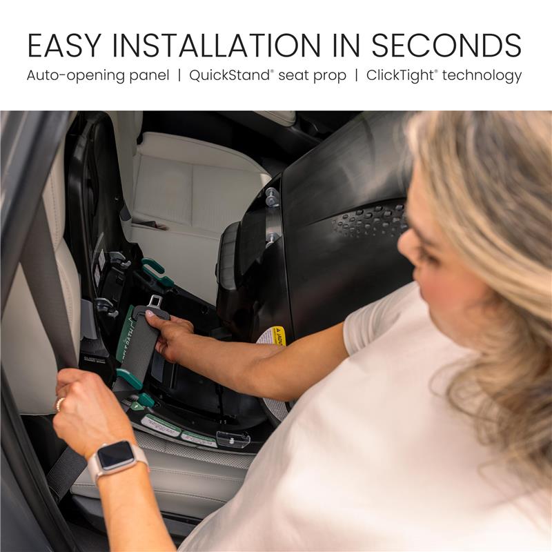 Britax Galaxy360 Slim Rotating Convertible Car Seat shown being installed, highlighting Easy Installation features and QuickStand technology.