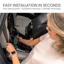 Britax Galaxy360 Slim Rotating Convertible Car Seat shown being installed, highlighting Easy Installation features and QuickStand technology.
