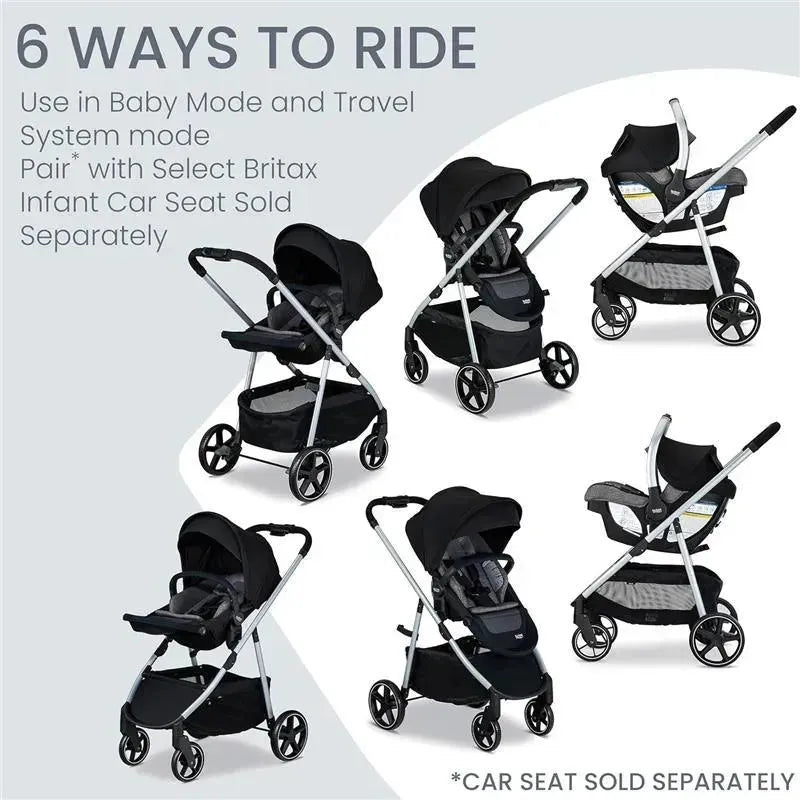 Britax Grove Modular Stroller showcasing six riding modes, featuring a lightweight design and compatibility with select infant car seats.