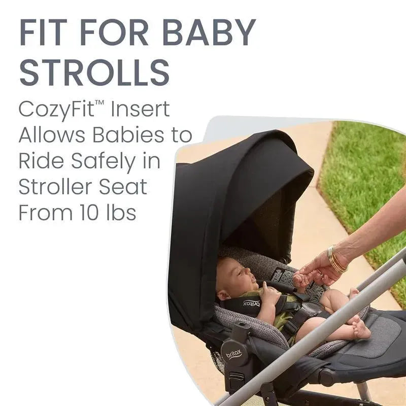Lightweight Britax Grove Modular Stroller with CozyFit Insert; a baby seated securely, caregiver gently touching hand.