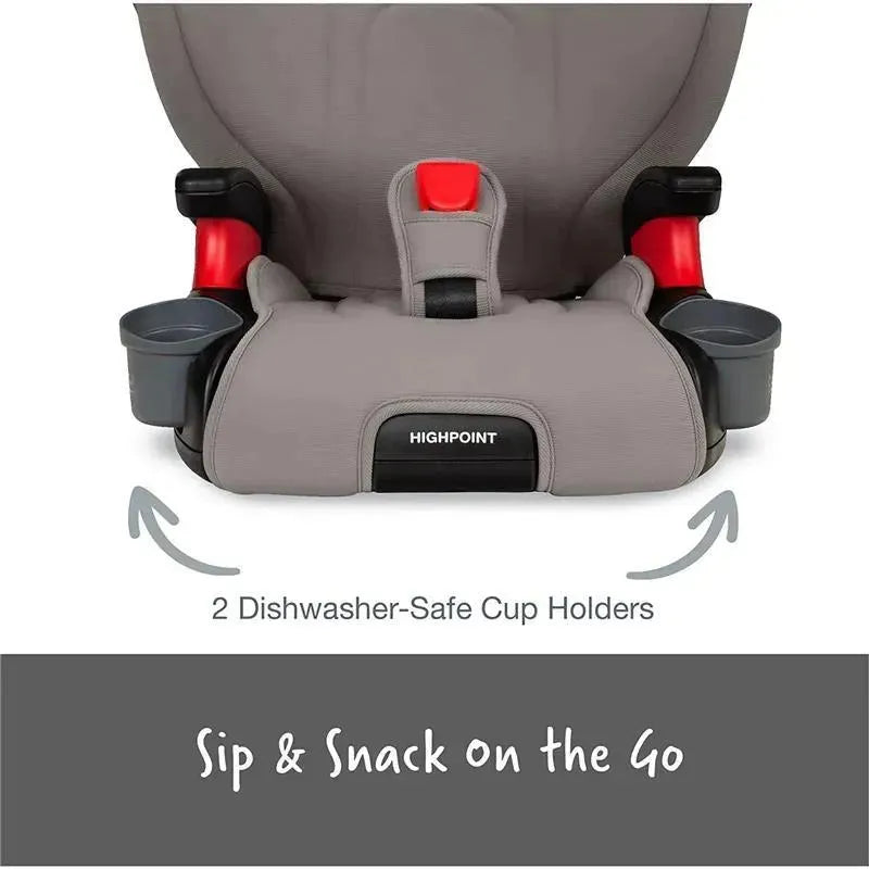 Britax Highpoint 2-Stage Belt Positioning Booster Car Seat in Gray Ombre, featuring two dishwasher-safe cup holders.