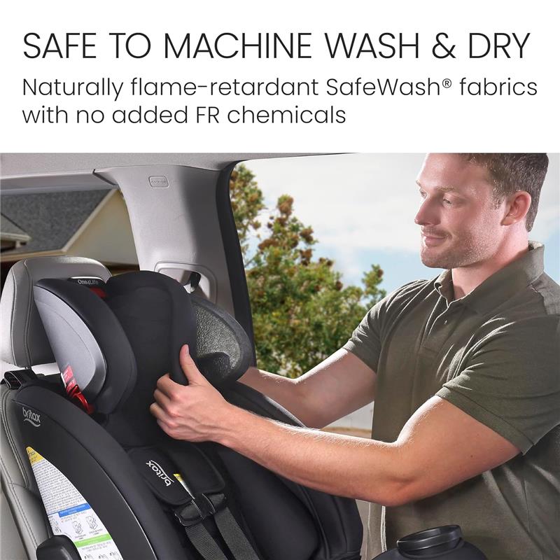 Britax One4Life All in One Convertible Car Seat in Mineral Gray, shown being adjusted by a man in a vehicle.