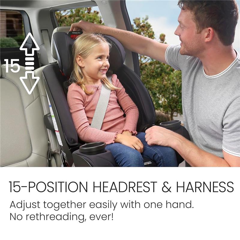 Britax One4Life All in One Convertible Car Seat in Raven Black with a child adjusting the headrest and harness.