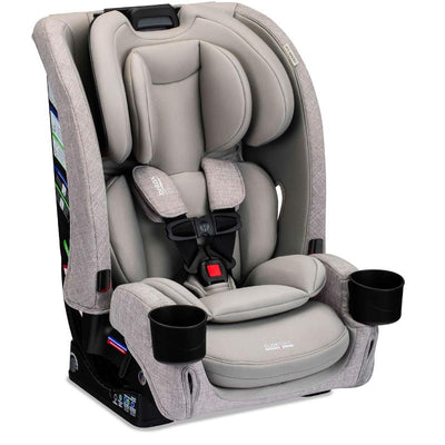 Britax One4Life Slim All-in-One Car Seat in Parchment with grey fabric, adjustable harness, side cup holders, and safety features.