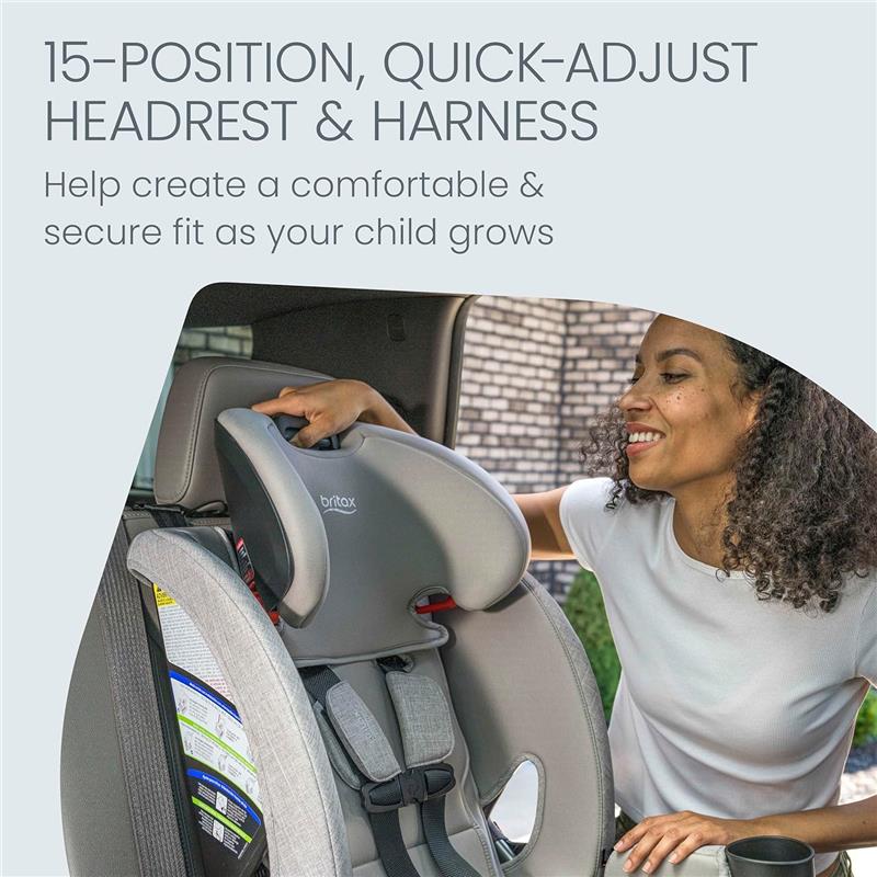 Britax One4Life Slim All-in-One Car Seat in Parchment, featuring 15-position adjustable headrest and harness for growing children.