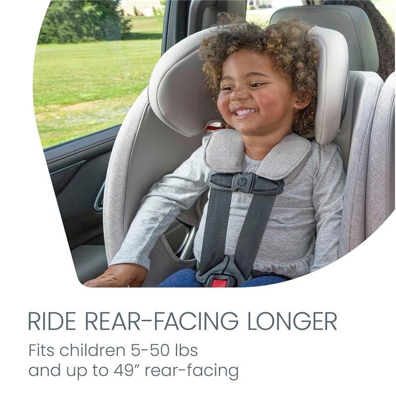 Britax One4Life Slim All in One Car Seat in Parchment, featuring a child securely fastened, promotes rear-facing use for safety.