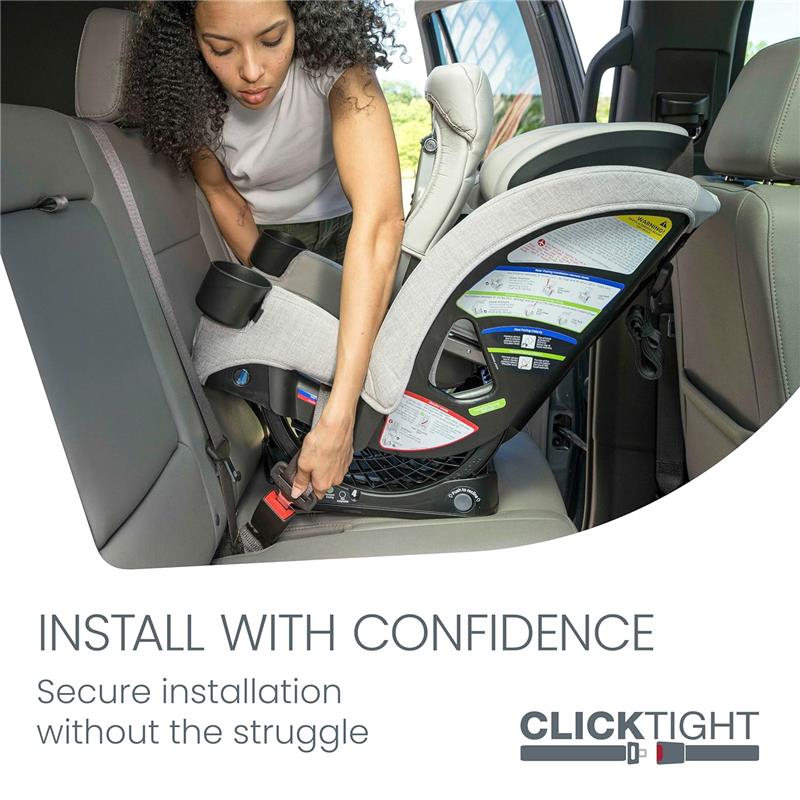 A person installing a Britax One4Life Slim All in One Car Seat in a vehicle, highlighting its ClickTight installation feature.