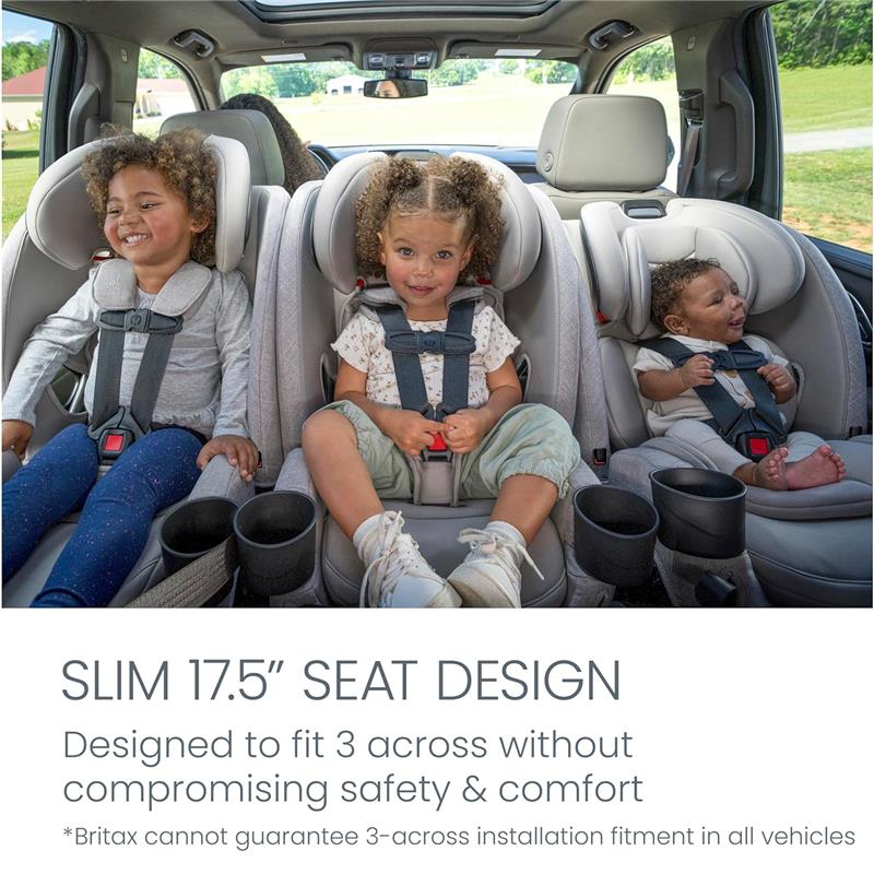 Britax One4Life Slim All in One Car Seat in Parchment, showing three children secured in car seats, emphasizing the slim design.