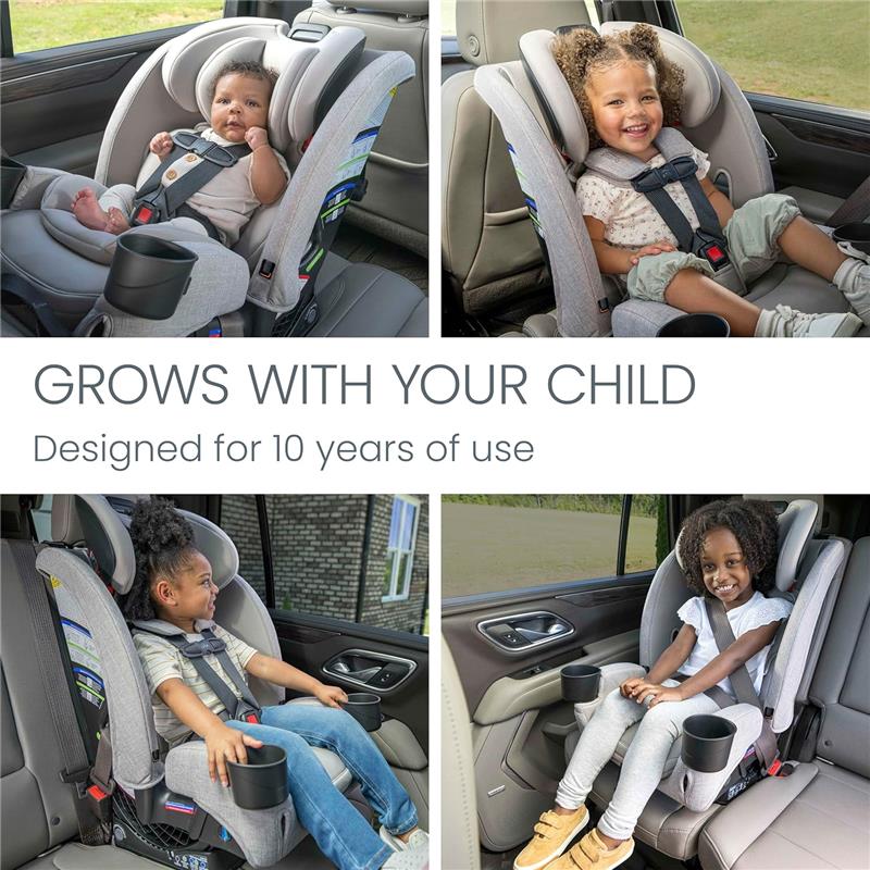 Britax One4Life Slim All in One Car Seat in Raven Black, featuring safety harnesses and cup holders, designed for children.