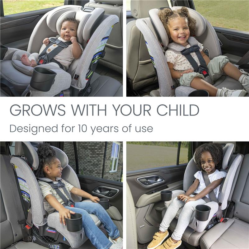 Britax One4Life Slim All-in-One Car Seat in Sea Foam, featuring toddlers and children seated securely, highlighting its adjustable design for 10 years of use.