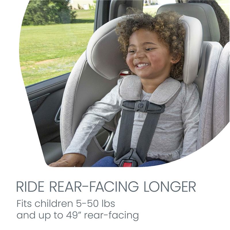 Britax One4Life Slim All-in-One Car Seat in Sea Foam, featuring a smiling child secured with harness, promoting rear-facing safety.